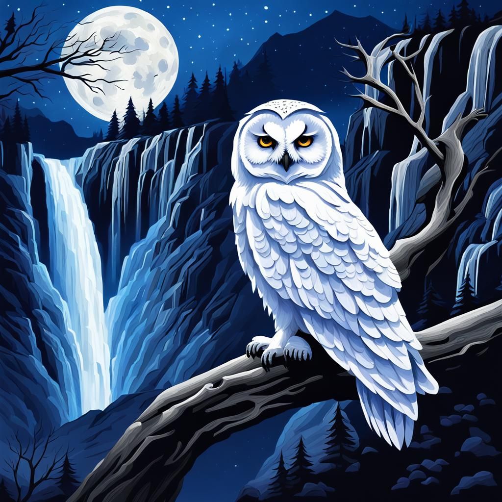 White Owl Perched at Night in Impasto Style