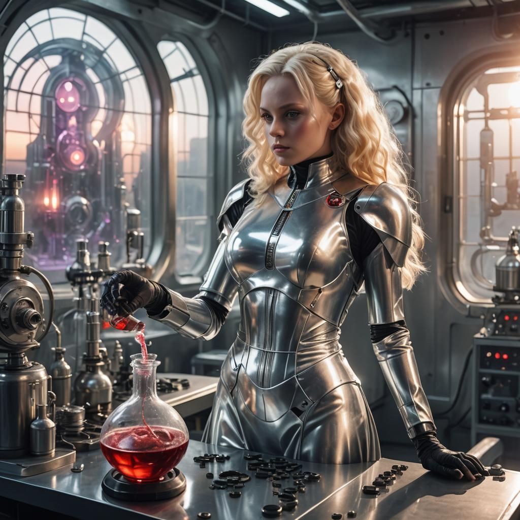 Woman Making Love Potion in Sci-Fi Lab