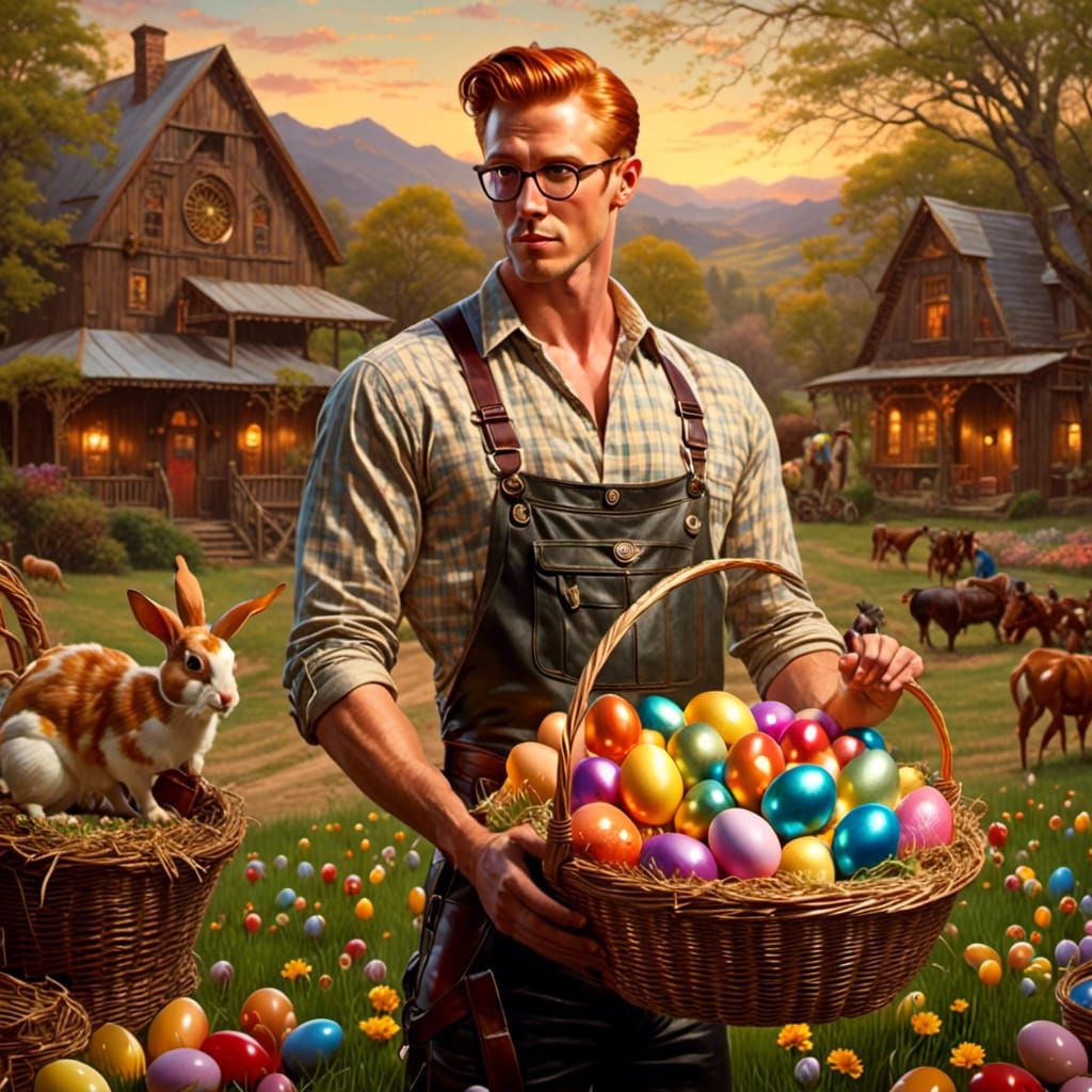 Retro Easter: Farmer with Eggs in Countryside
