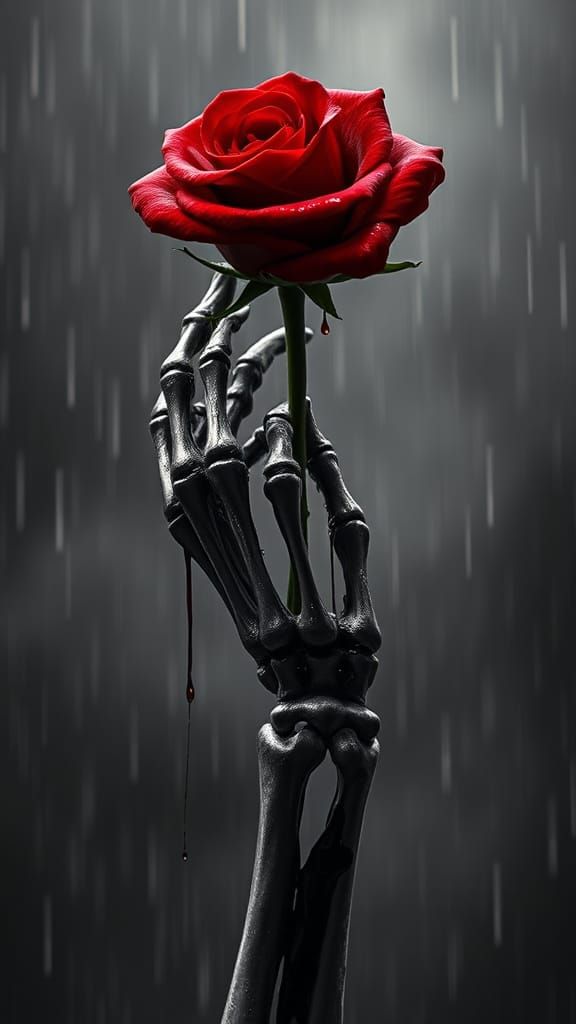 Skeletal Hand Holding Rose in Dramatic Contrast