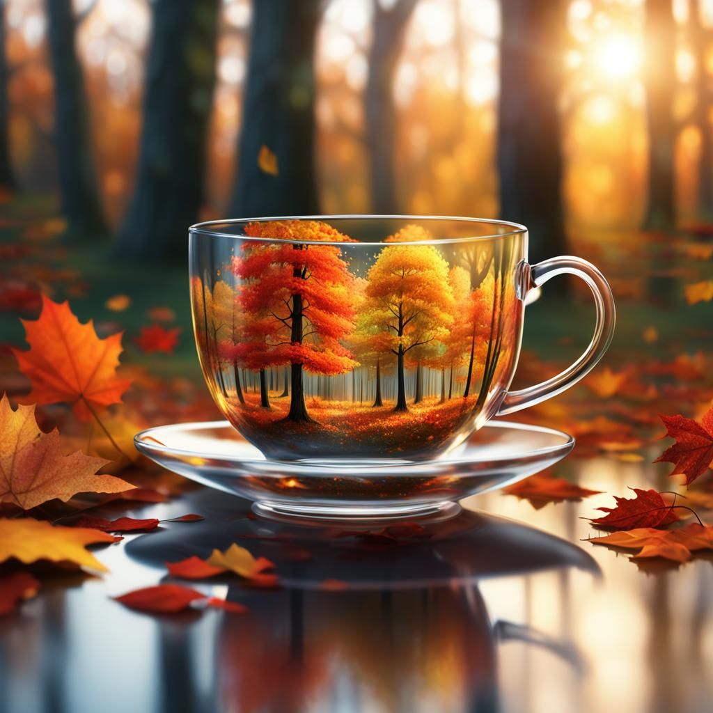 Autumn Forest in Teacup: Hyperrealistic Digital Art