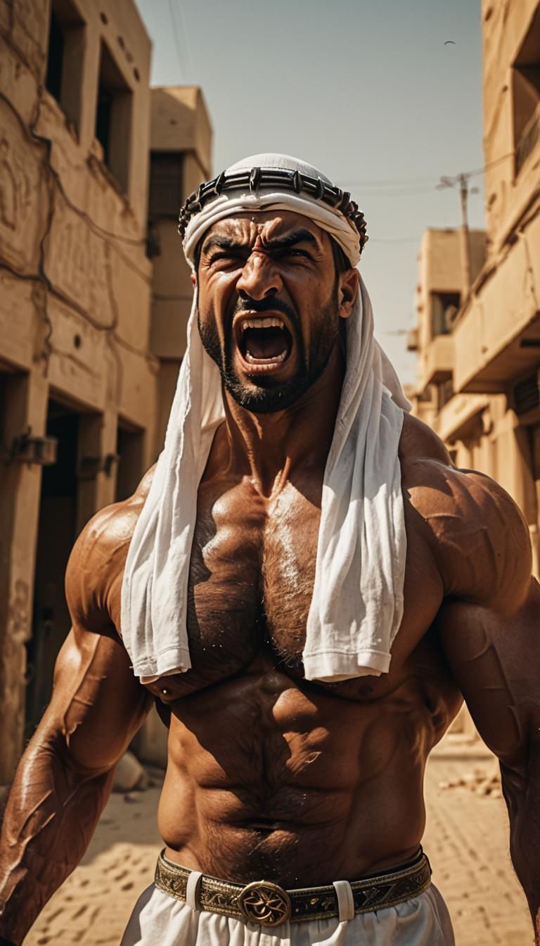 Intense Arab Bodybuilder in Film Noir Style