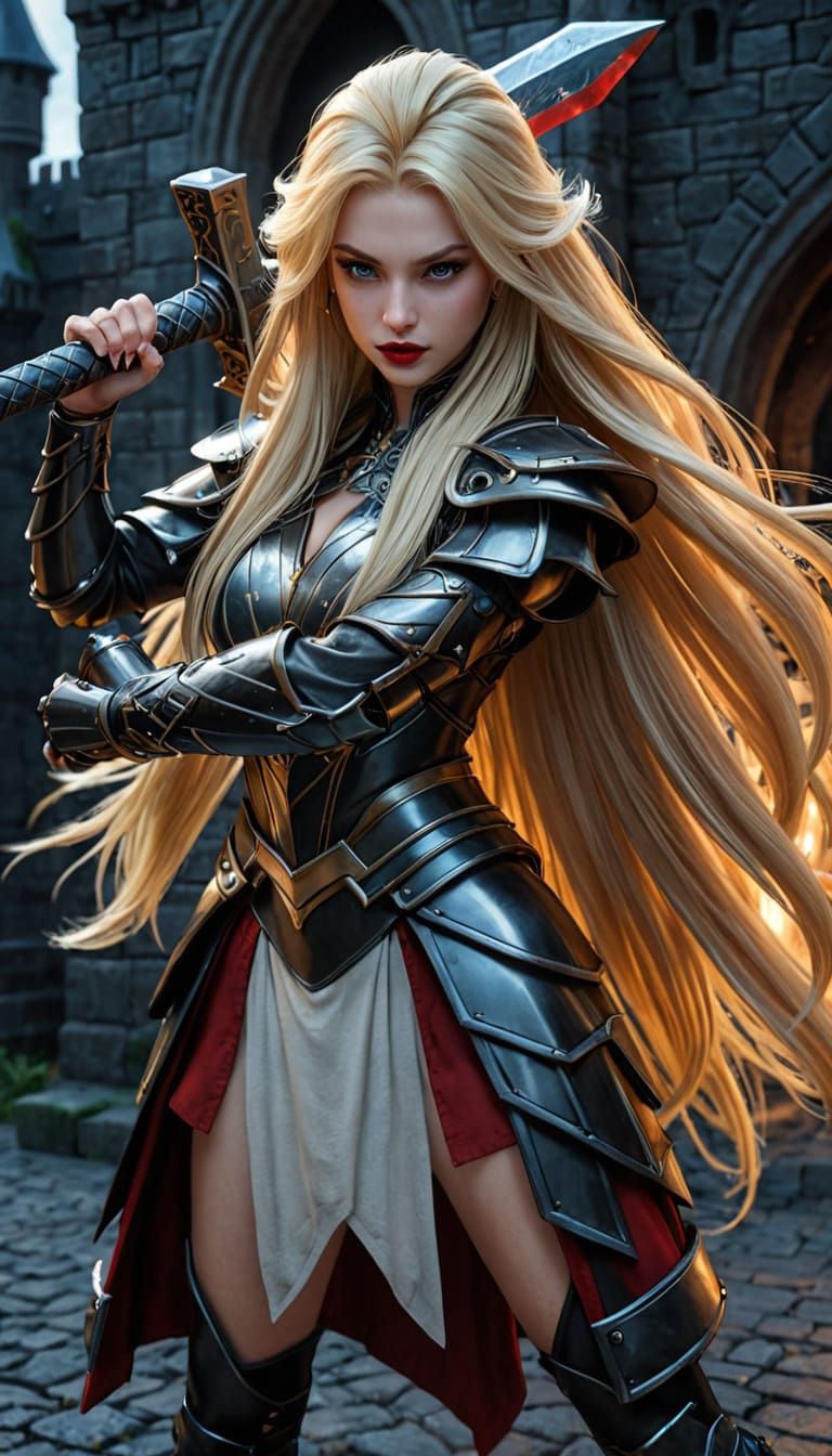 23 year old female, long blonde bouffant hair, black eyeshad...