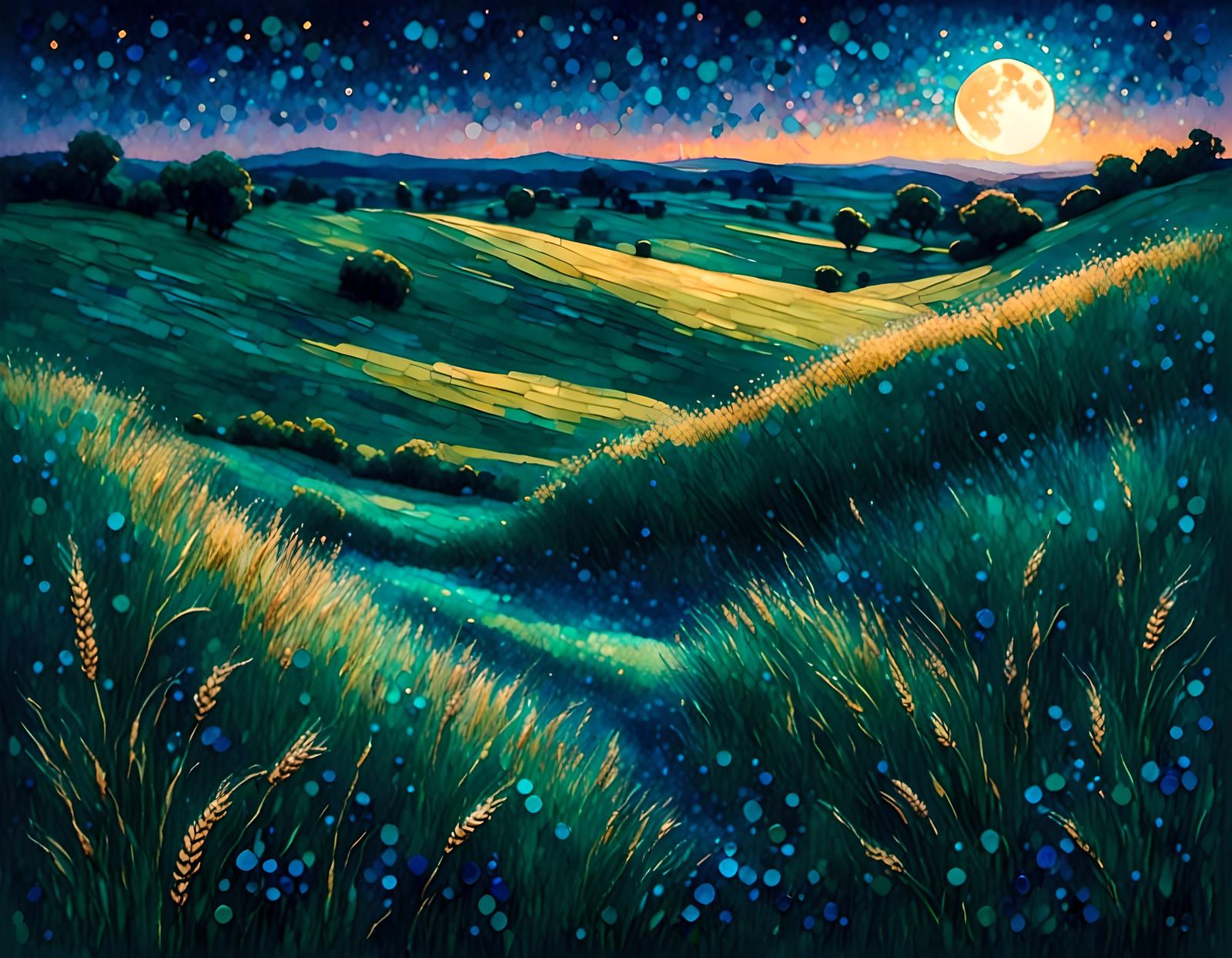 Pointillist Sunset Over Wheat Field at Twilight