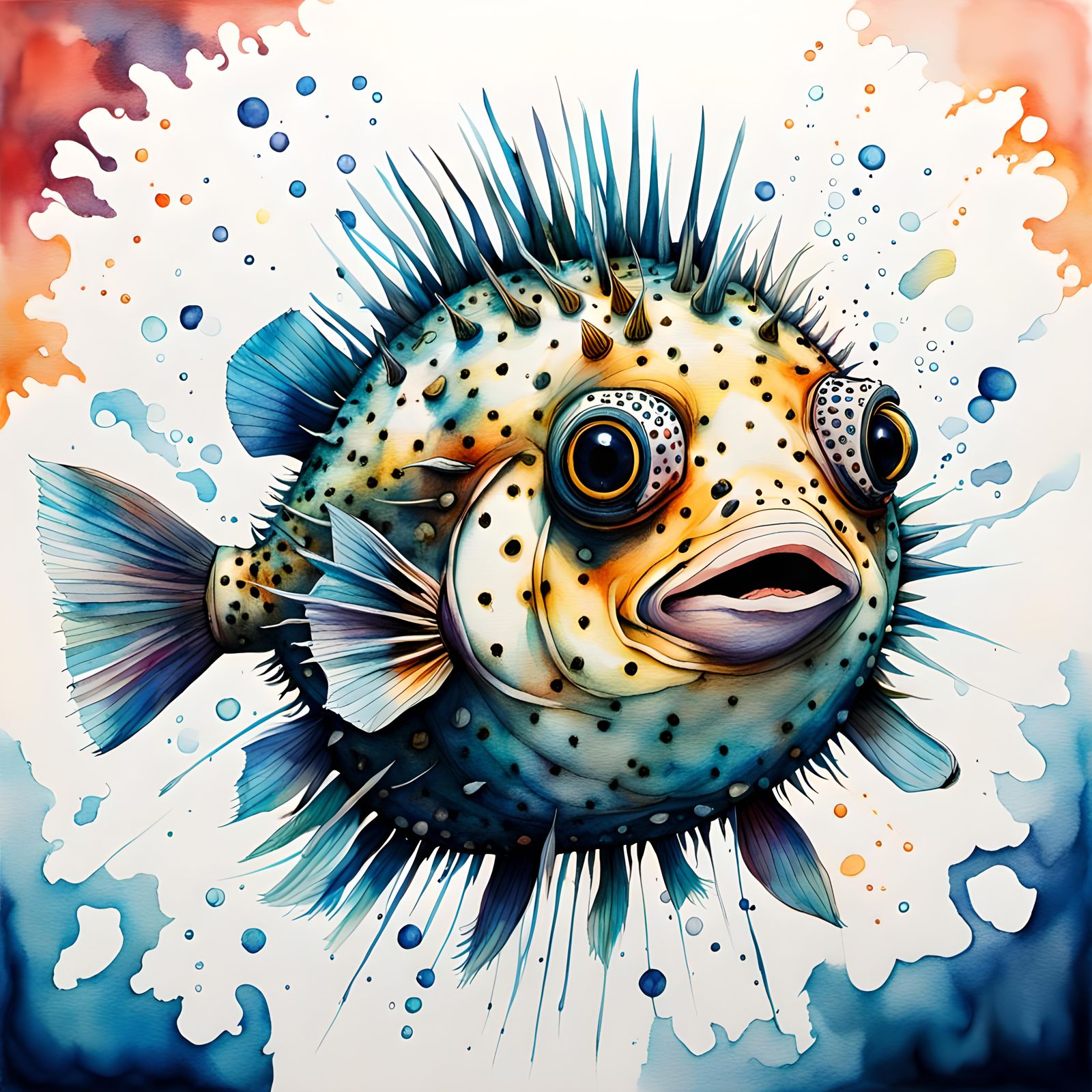 Watercolor Puffer Fish Brush Pen Drawing