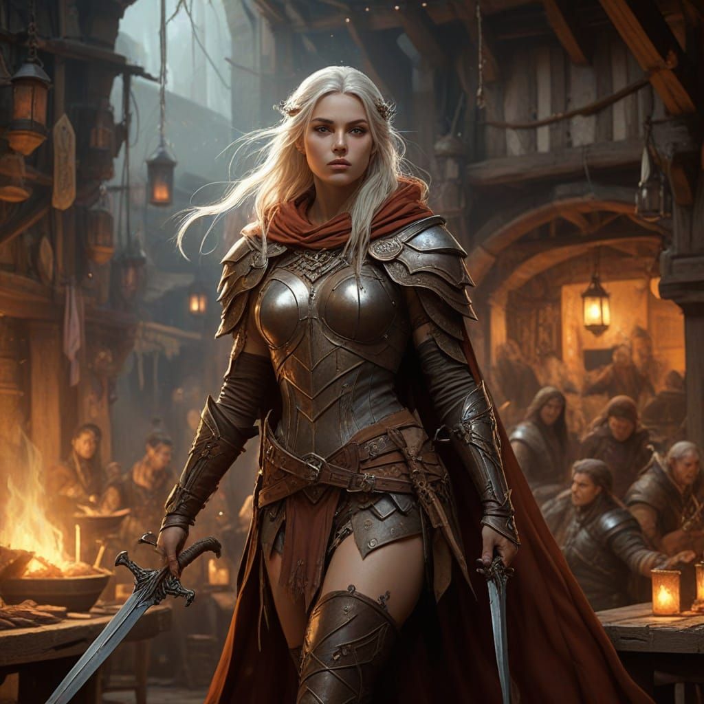Elven Warrior in Vibrant Tavern Setting