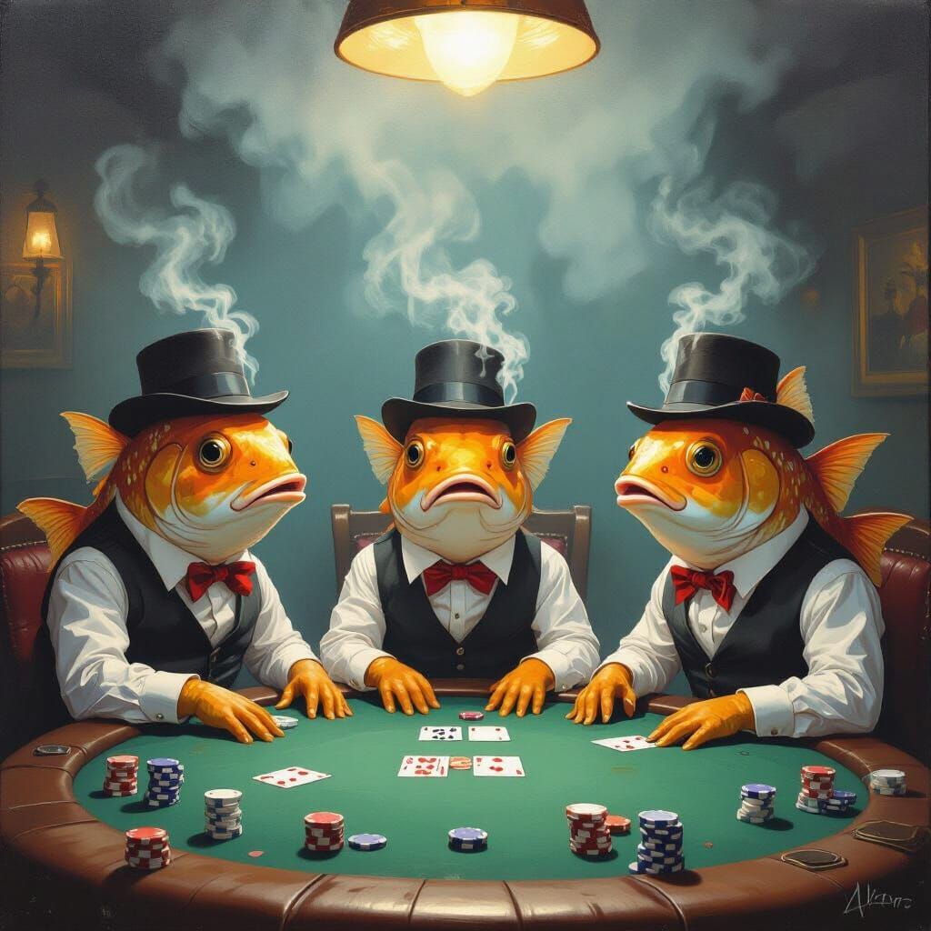 Fish Play Poker in Smoky Underwater Den Painting