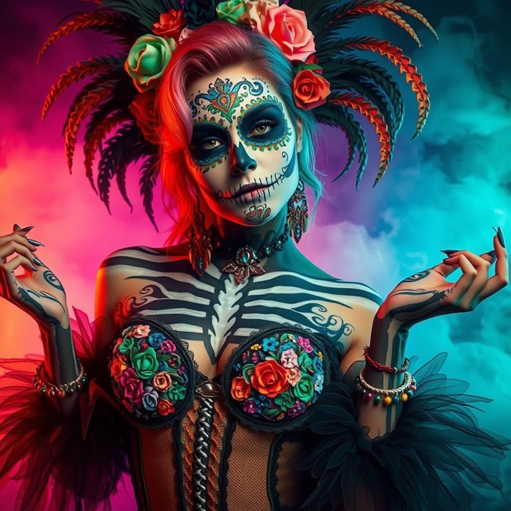 Woman with Fluorescent Calavera Makeup in Darkness