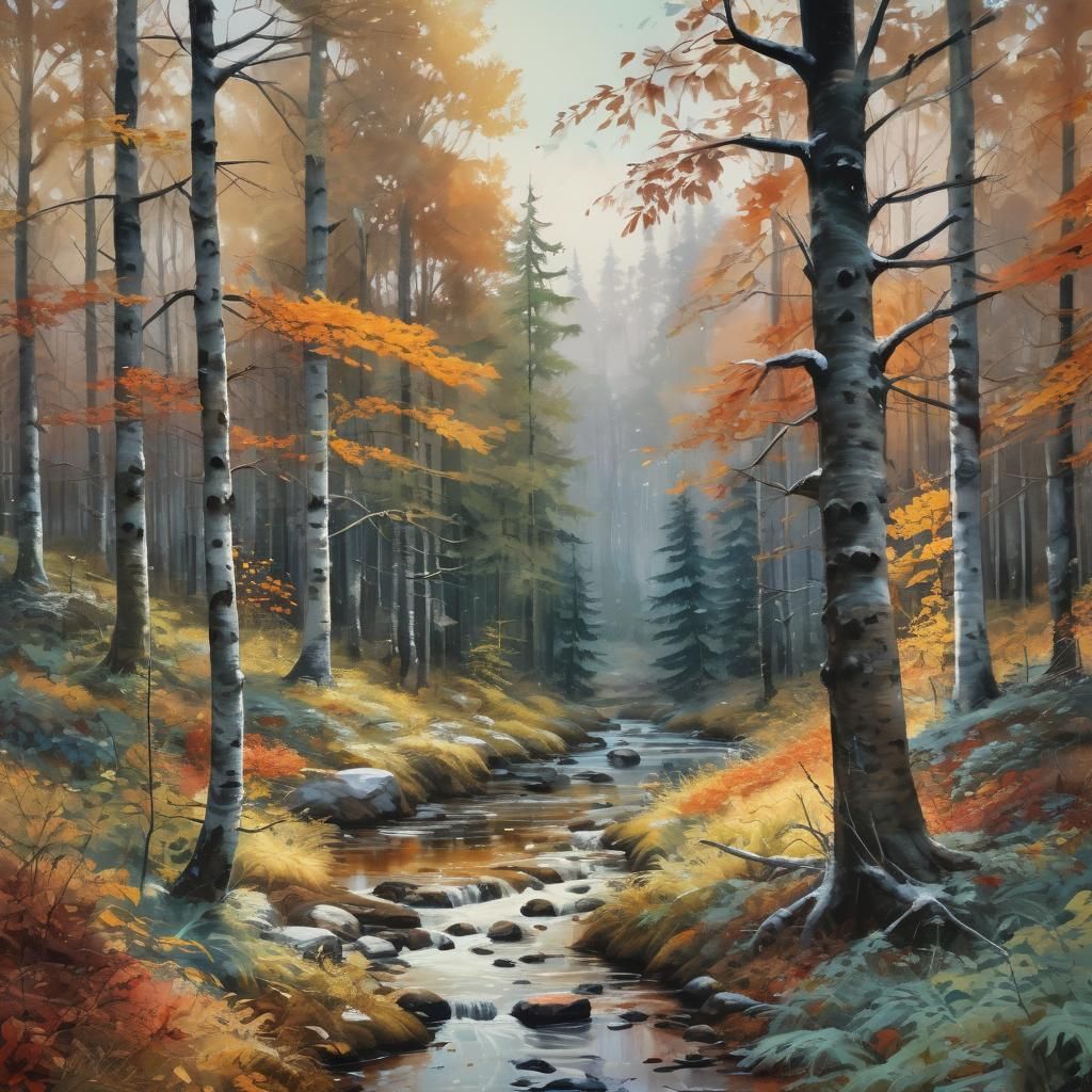 Autumn to Winter Forest Landscape in Gouache Style