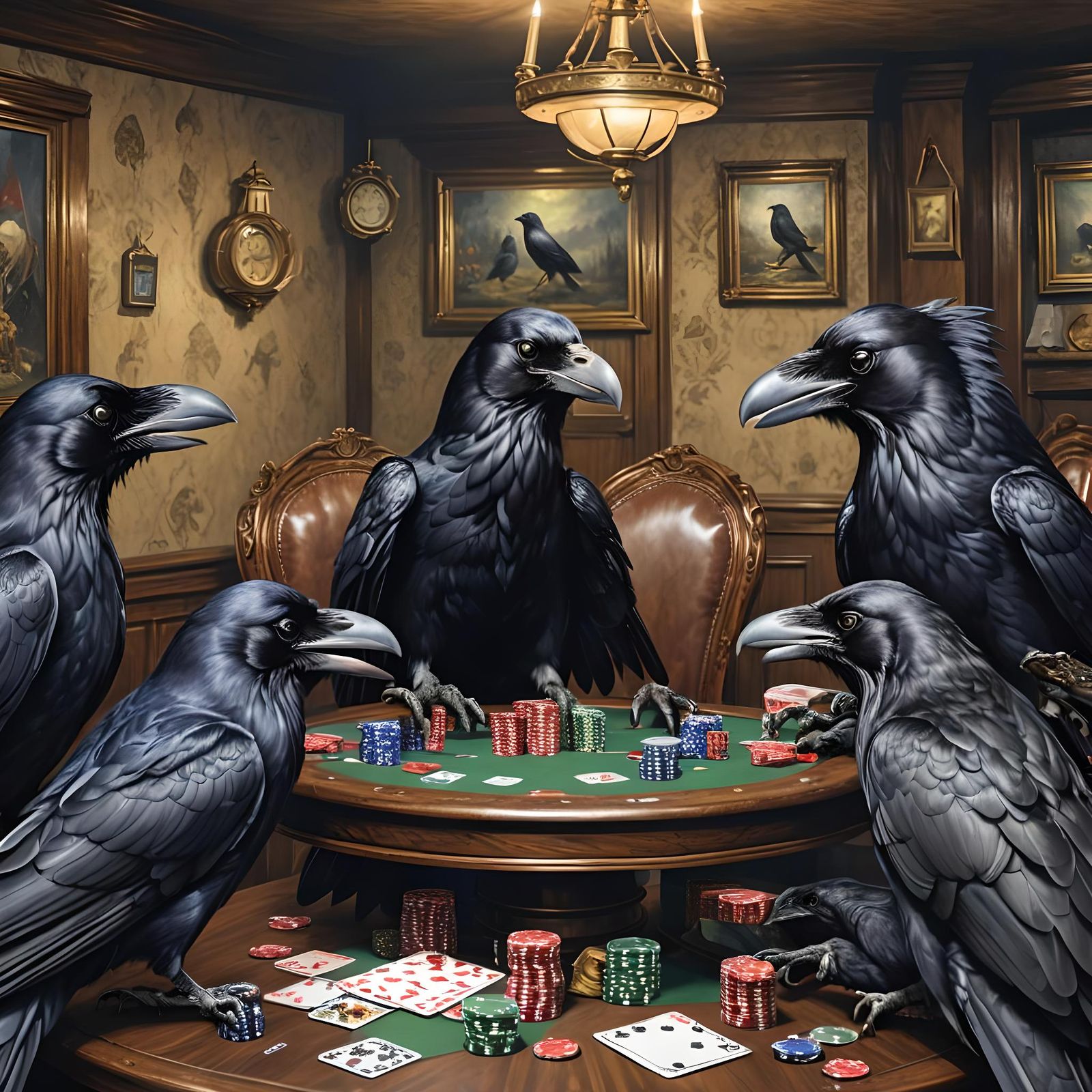 Ravens Playing Poker: Detailed 8K Painting