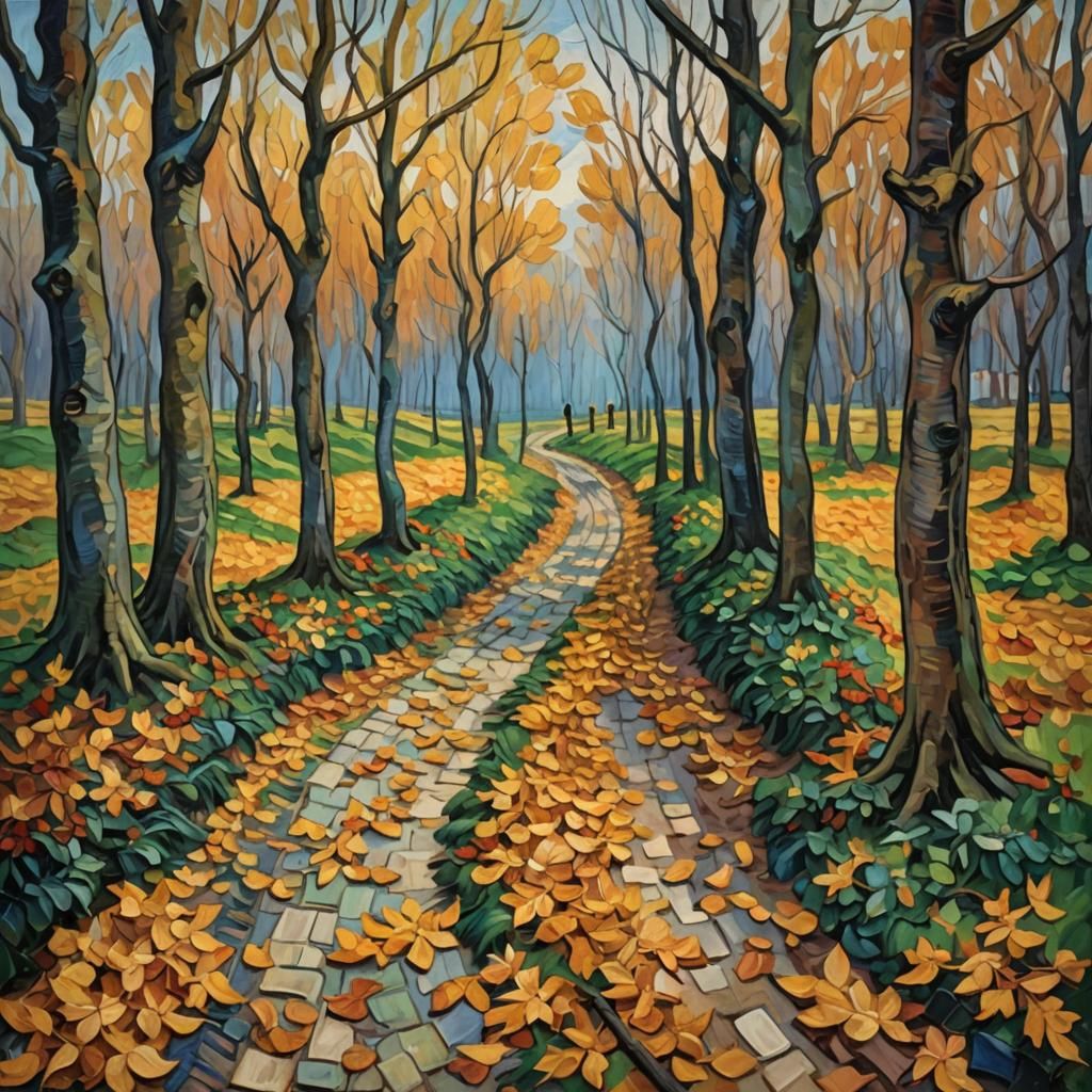 Neo-Impressionist Painting of Spring Growth Sheltered by Lea...