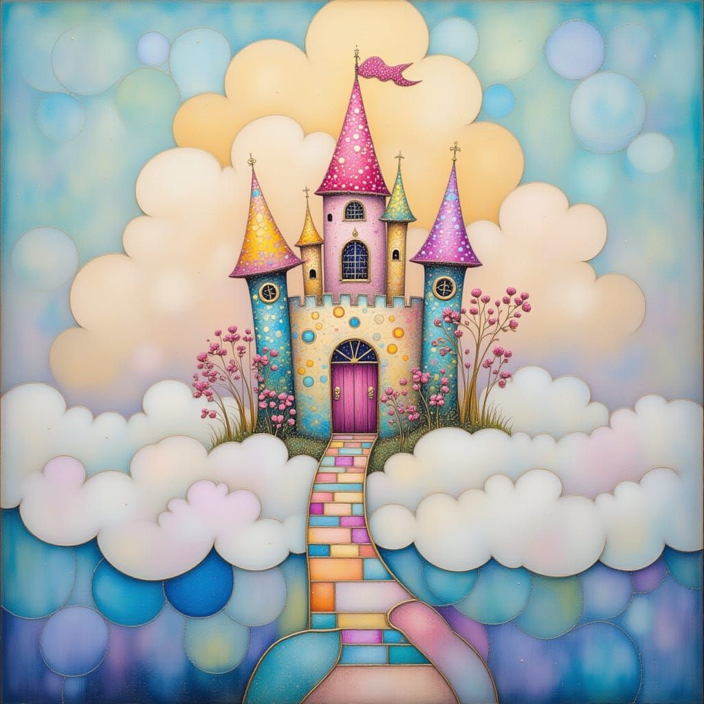 Whimsical Pastel Fantasy Castle in the Clouds