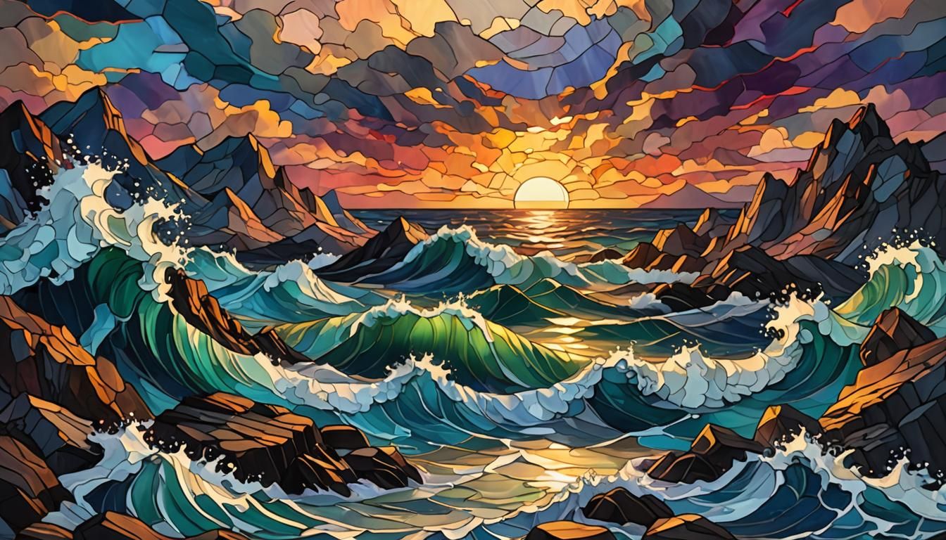 Stained glass stormy Ocean waves crashing over jagged rocks ...