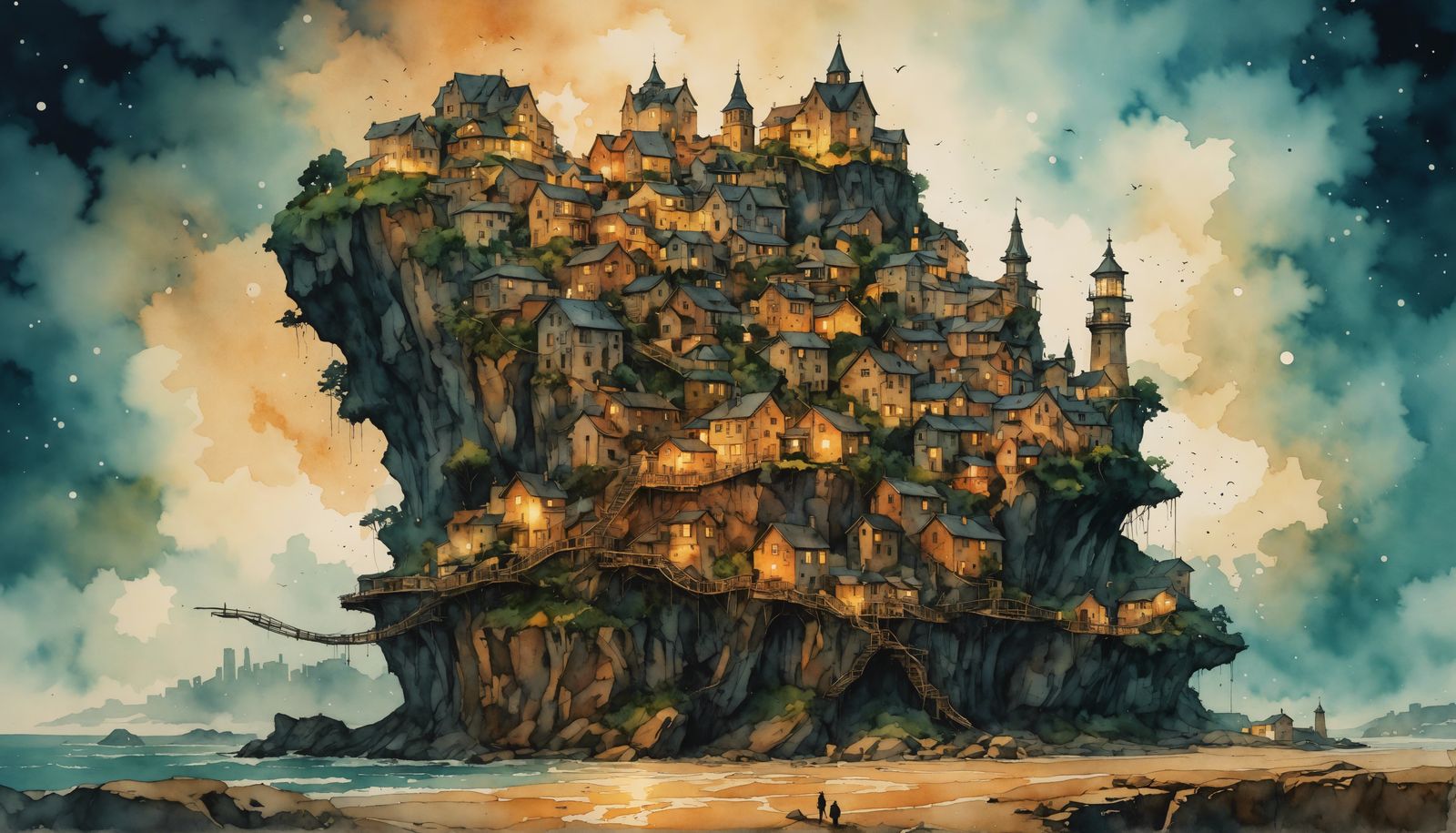 Dark Cliffside Village in Isometric View