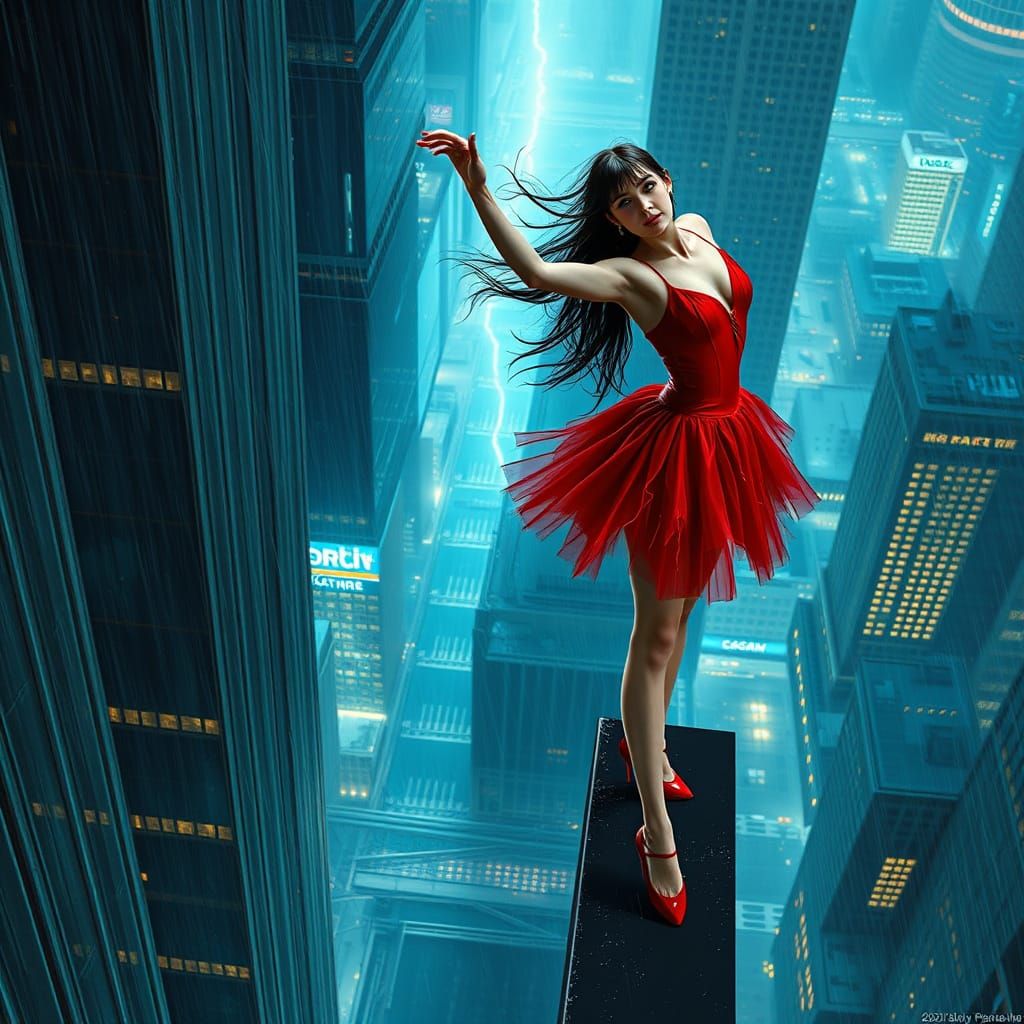 Ballerina in Red on Skyscraper Ledge at Night