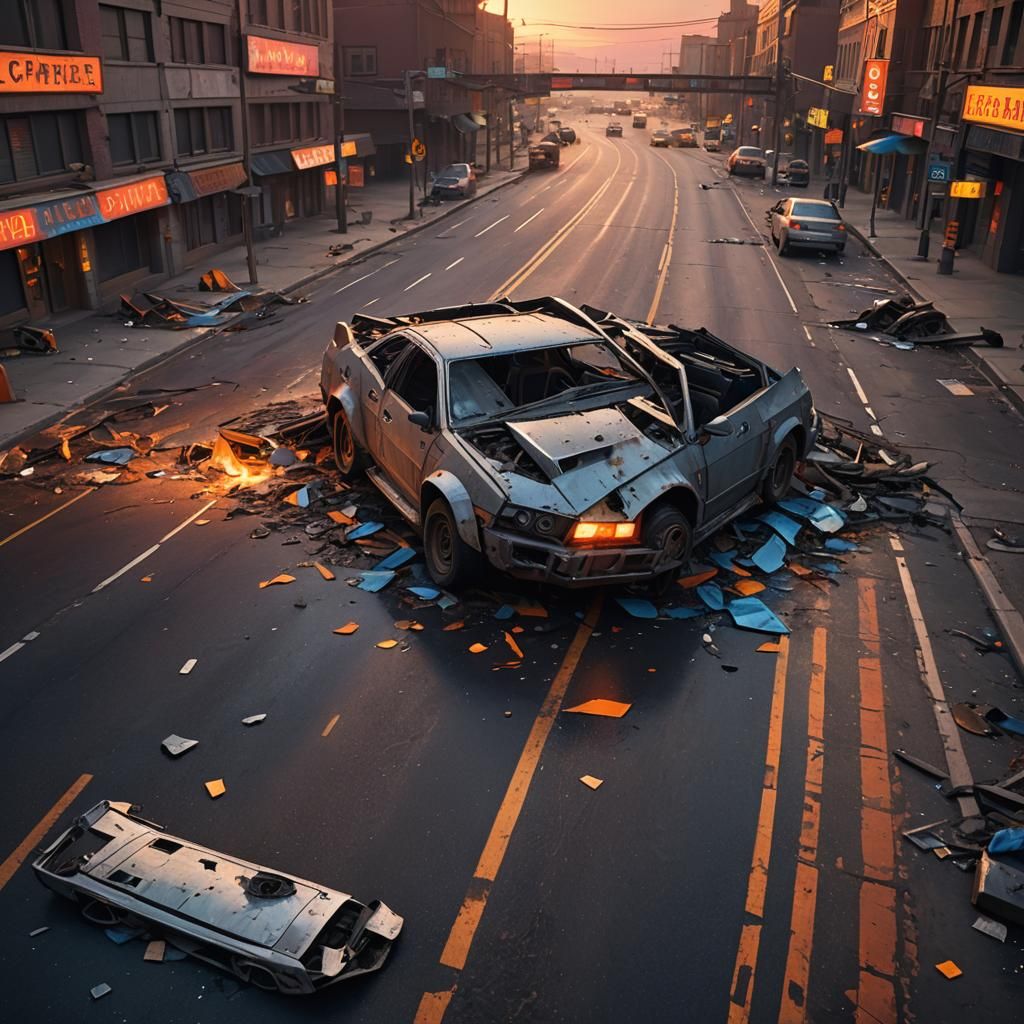 Mangled Vehicle on Deserted Highway at Sunset