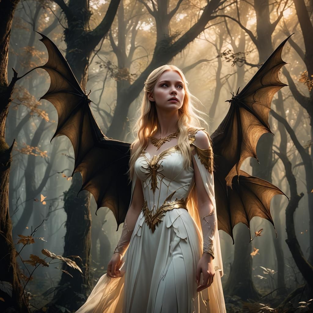 Ethereal Girl with Bat Wings in Mystical Forest