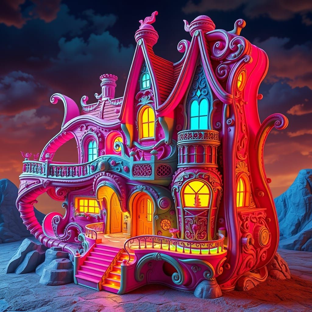 Surreal Guitar House in Cyberpunk Style