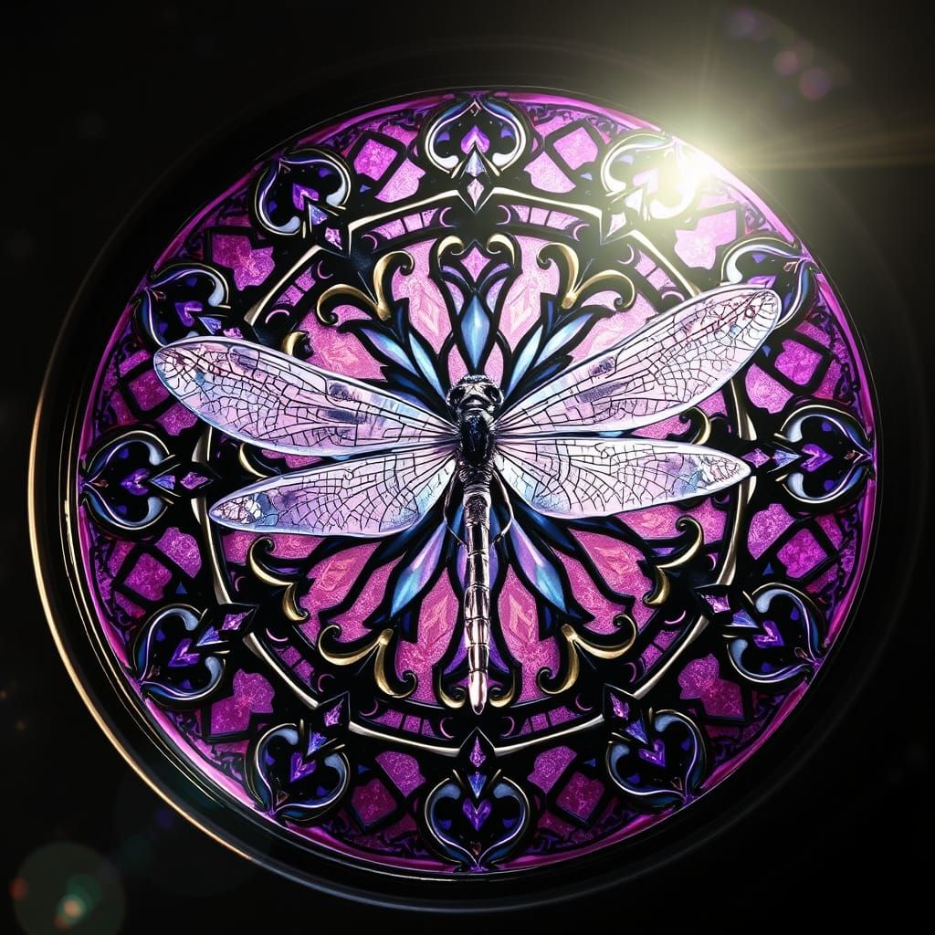 Gothic Stained Glass Dragonfly in Ethereal Glow