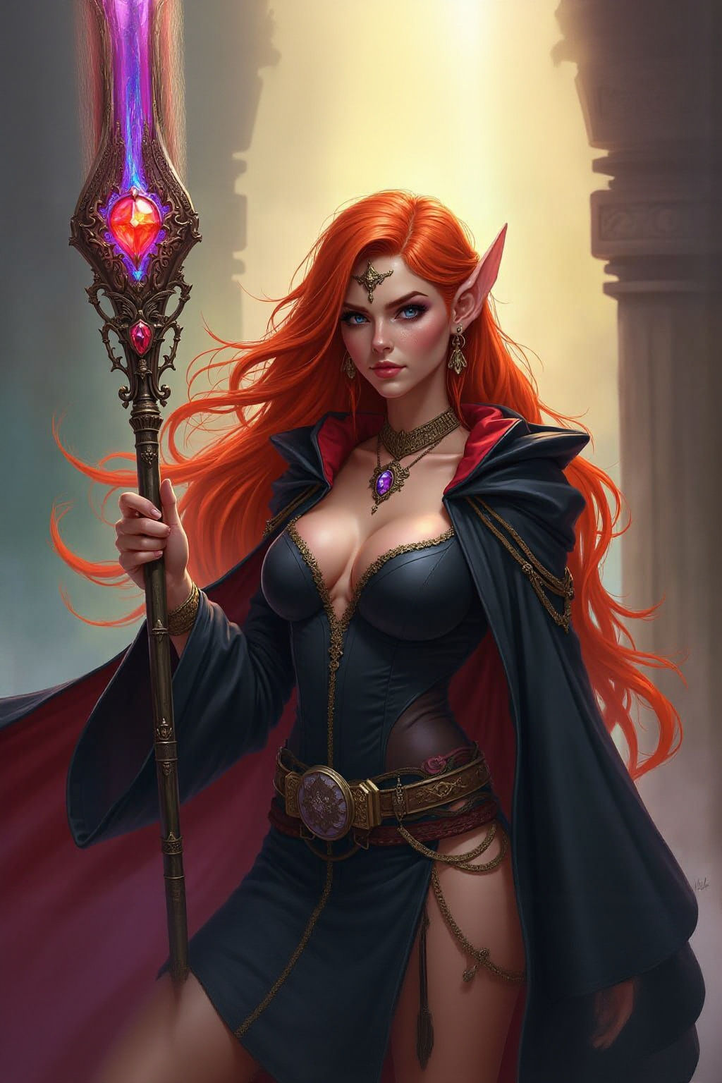 Confident Elven Mage with Fiery Hair, Hyperrealistic Style