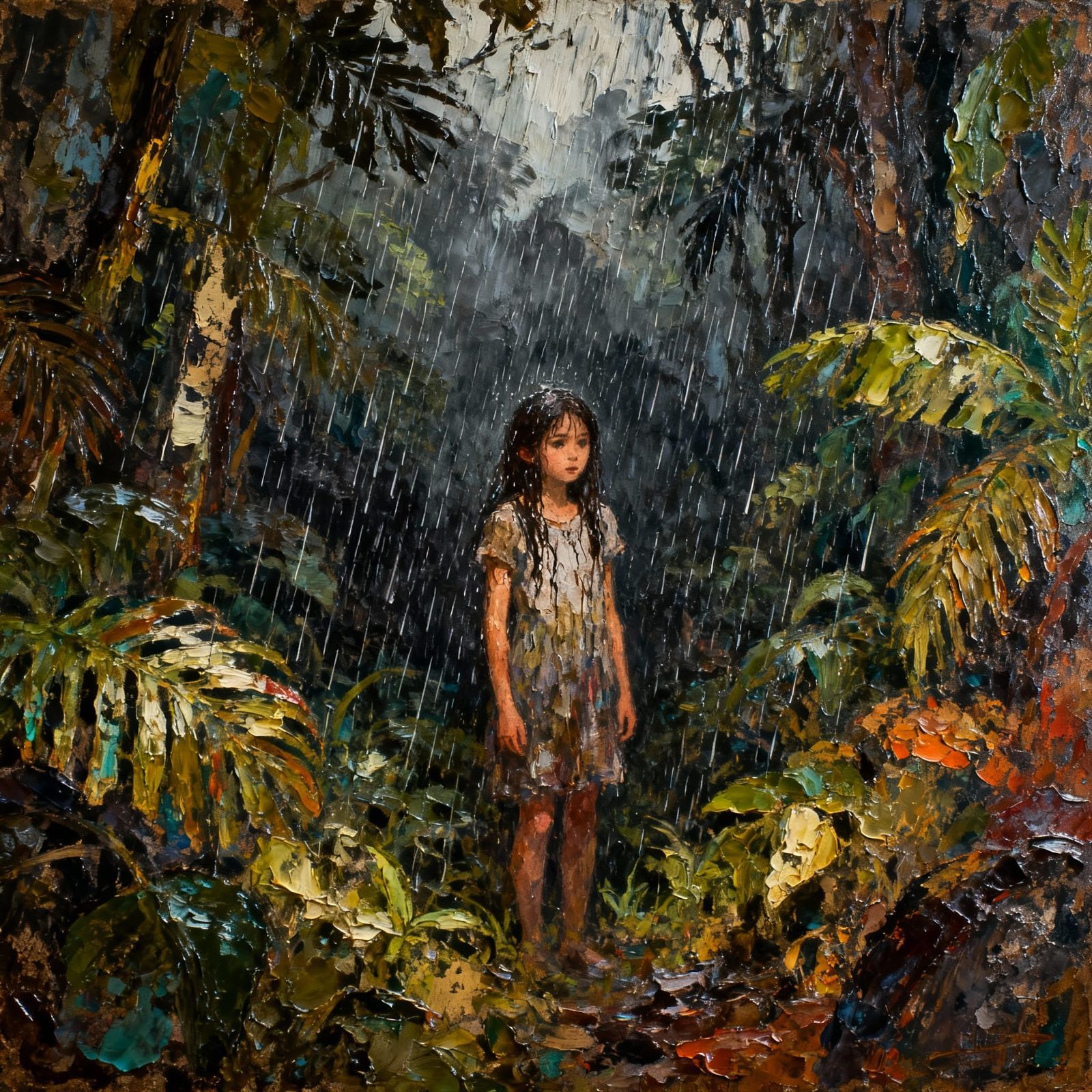 Girl in Jungle During Heavy Summer Rain