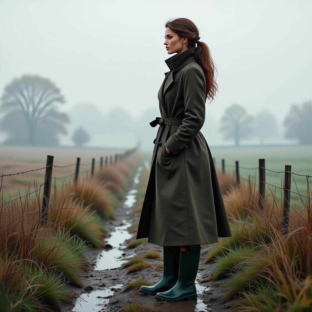 Woman in Elegant Coat and Rubber Boots in Misty Landscape