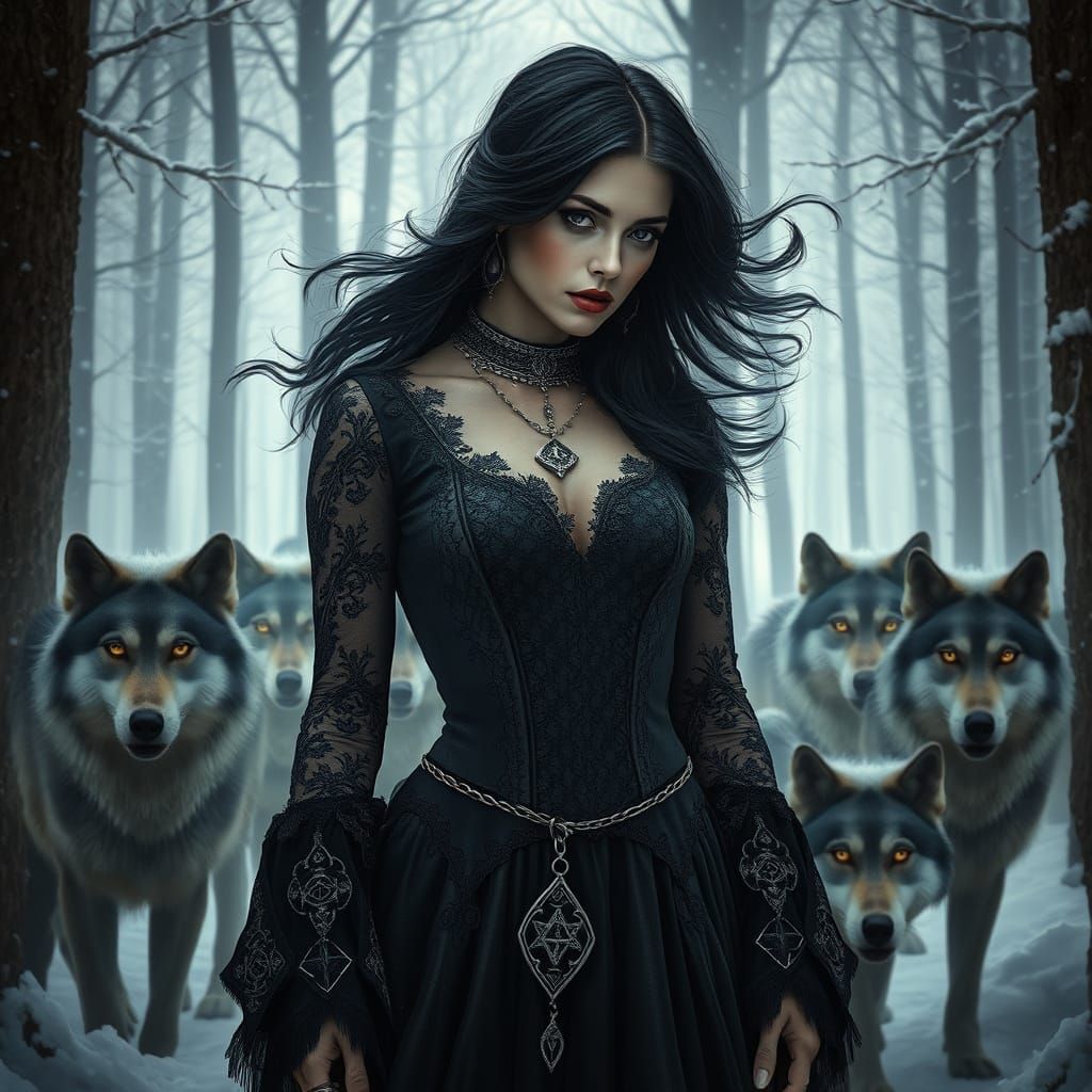 Gothic Woman in Snowy Forest: Dramatic Cinematic Art