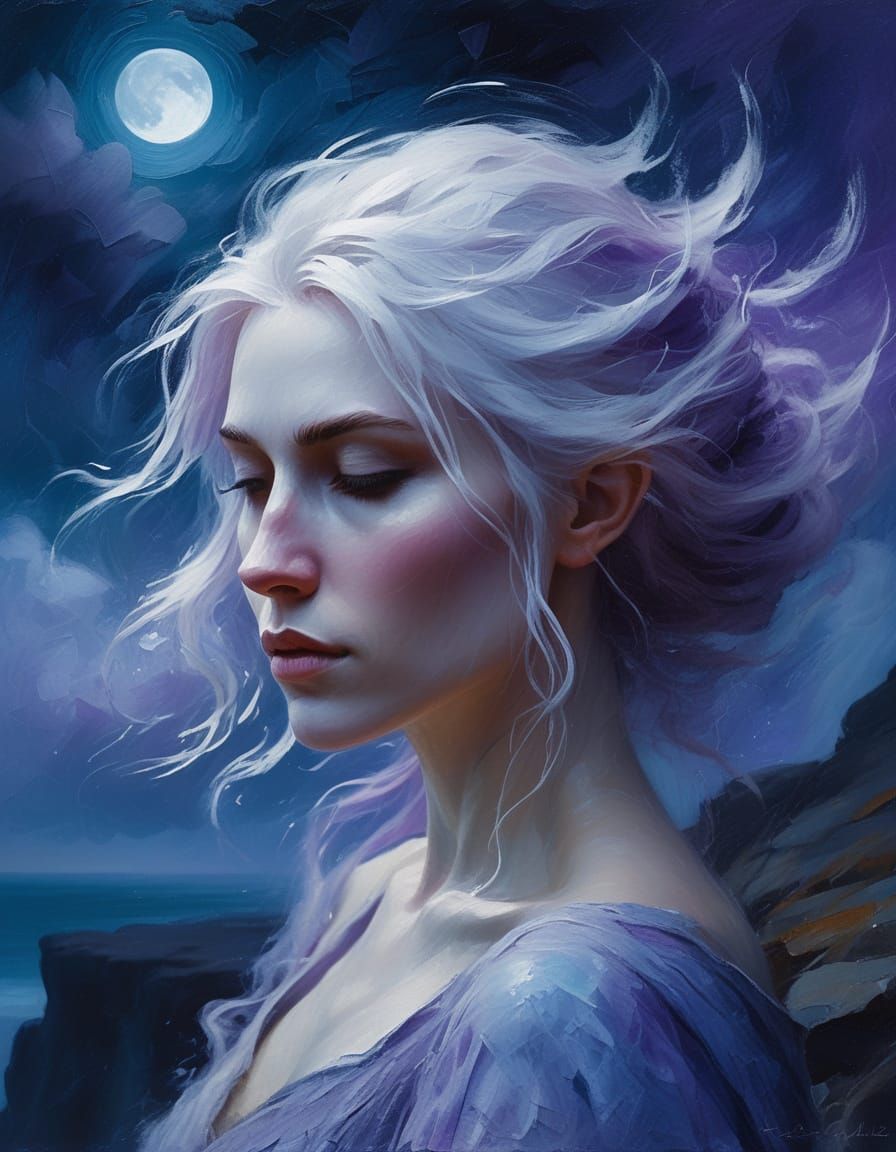 Elf Woman on Cliff at Night: Impressionist Painting