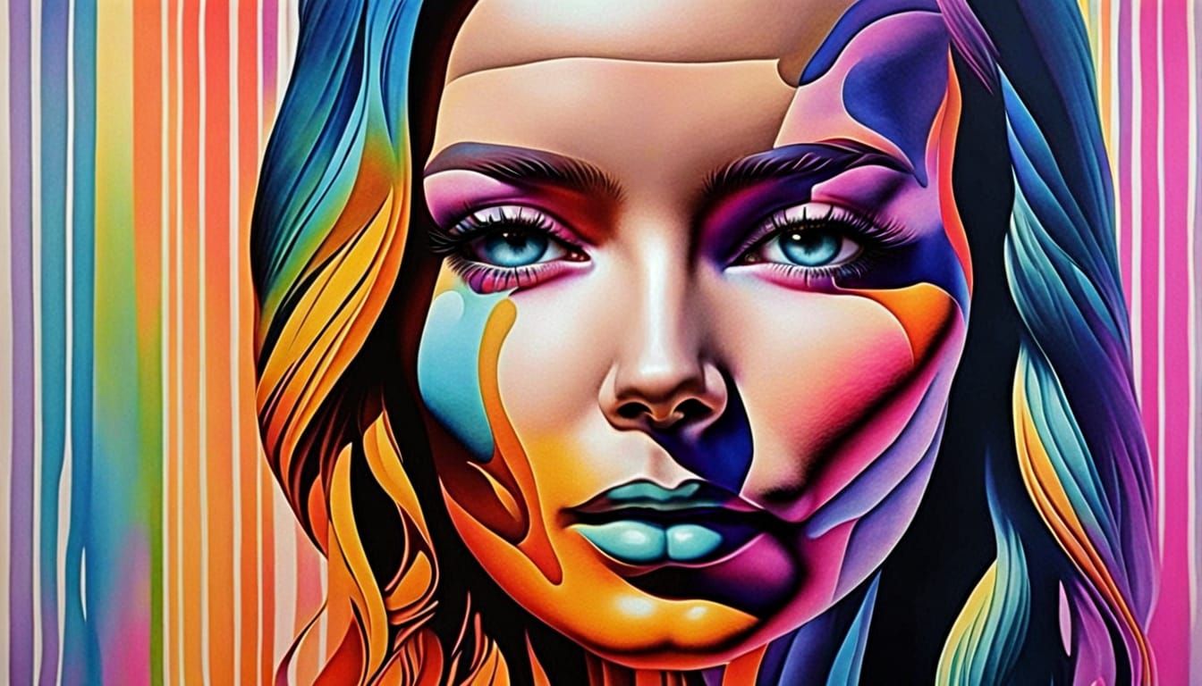Surreal Woman's Face Melts into Vibrant Abstract Pattern