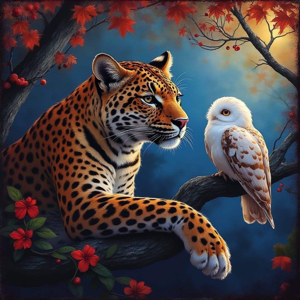 Leopard Contemplates Ethereal Owl in Autumn Night