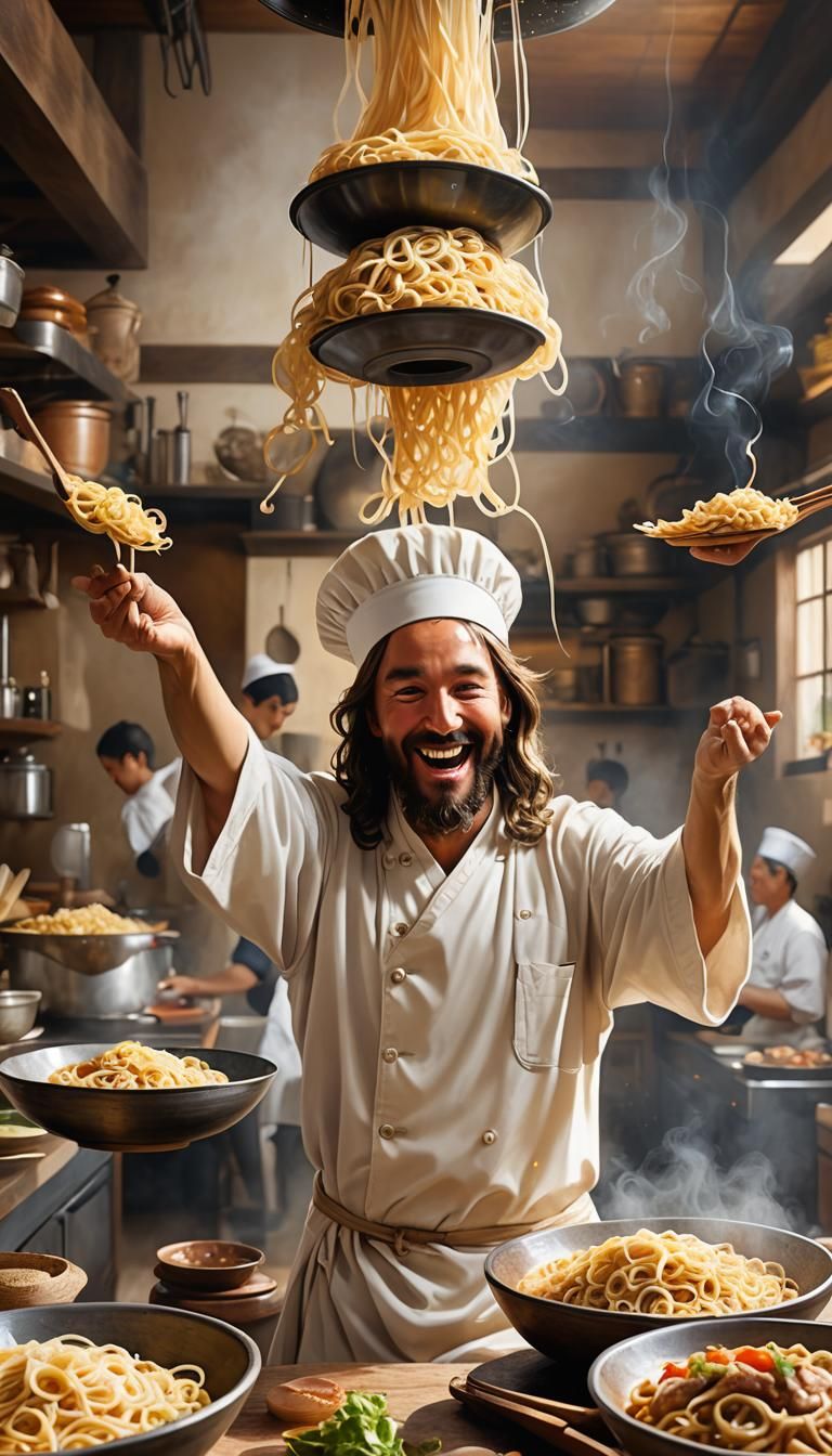 Jesus Balances Noodles: Hyper-Realistic Digital Art