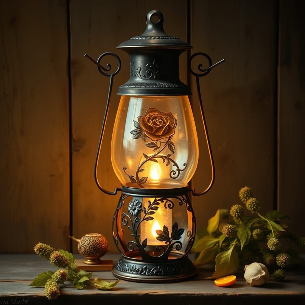 Ornate Floral Hurricane Lamp in Warm, Soft Light