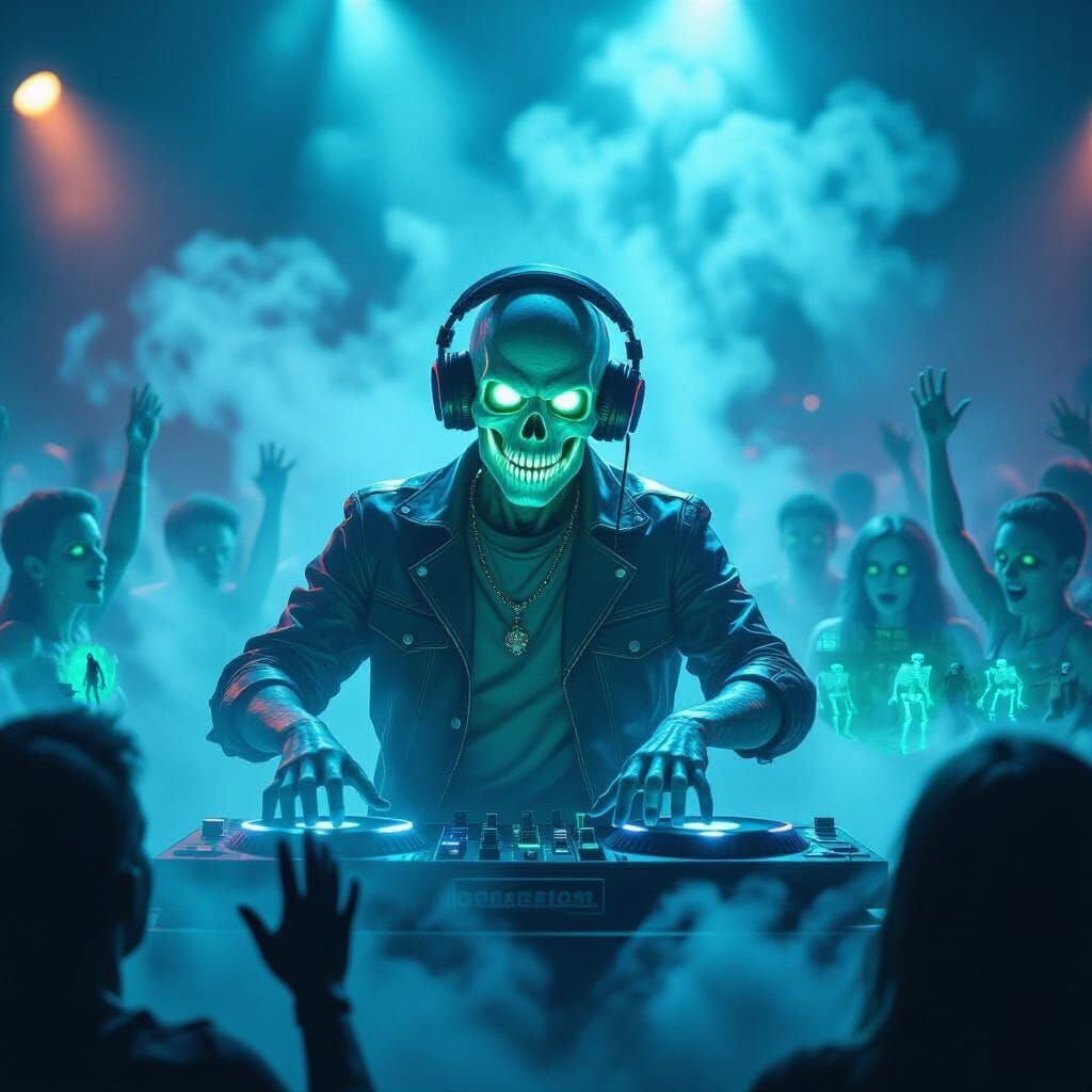 Zombie DJ in Glowing Skull Mask Spins Spectral Records