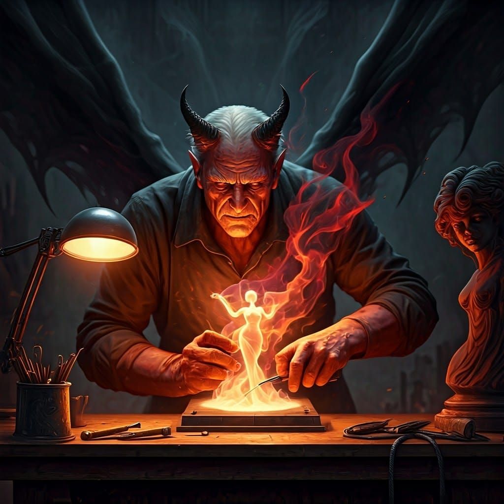 Demon Sculpting Fire Woman: Fantasy Concept Art