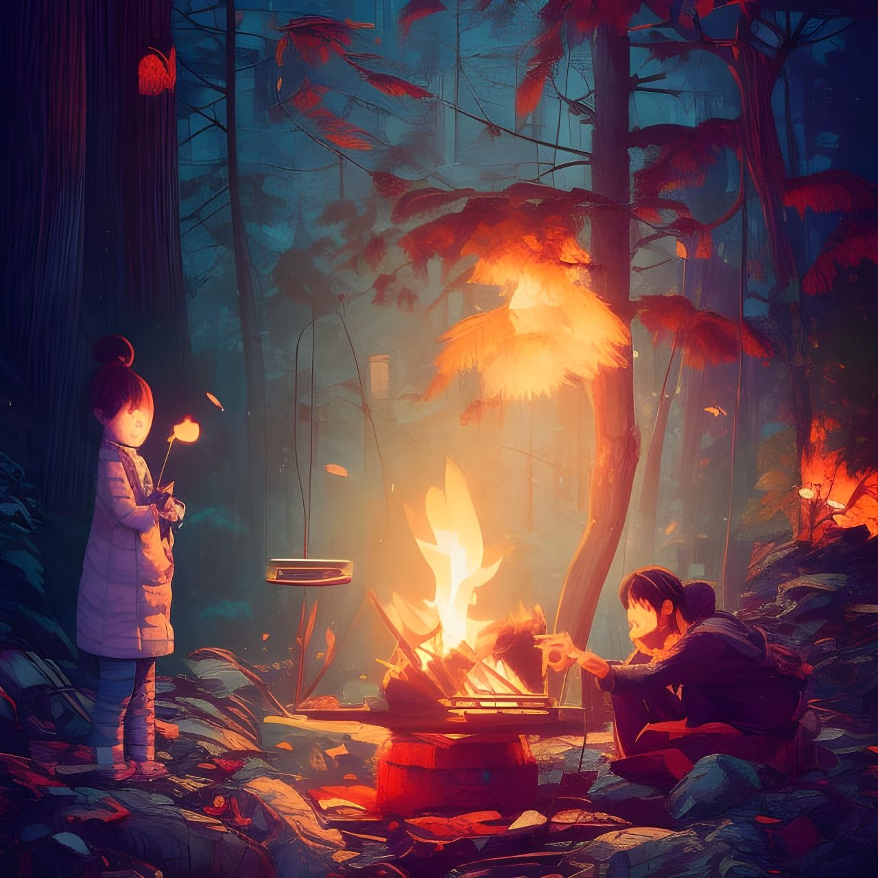 Cozy Fire Japanese Art Photo Illustration