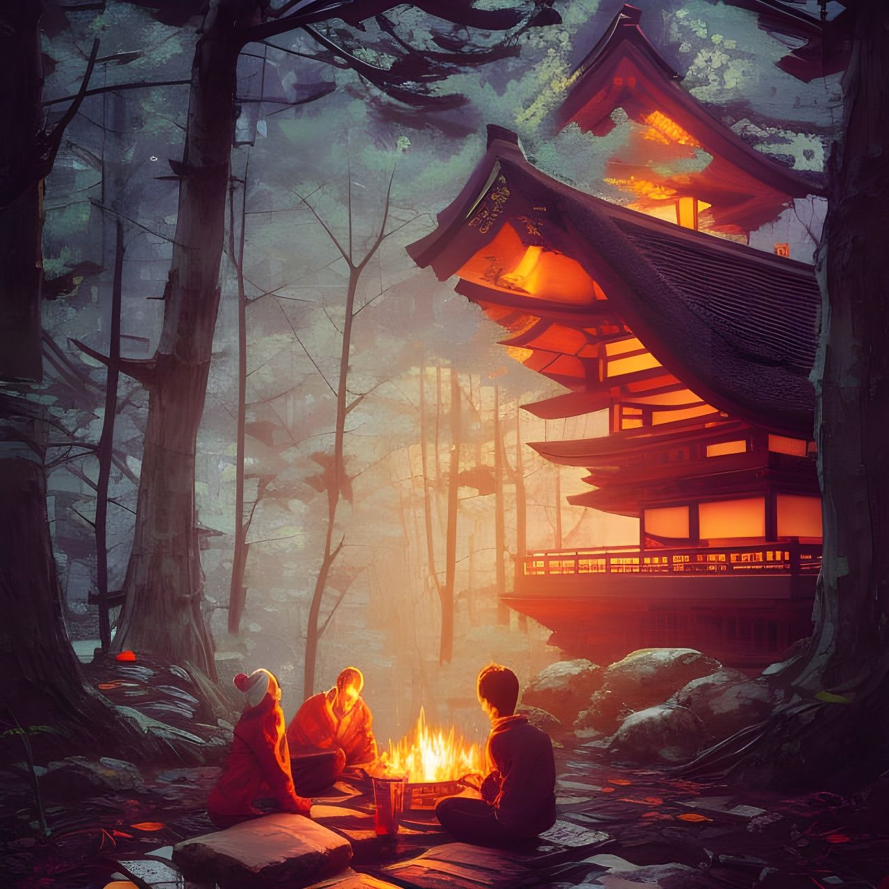 Cozy Fire in Japanese Art Style