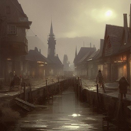 Sinister Seaside Town in a Dark Fantasy Style
