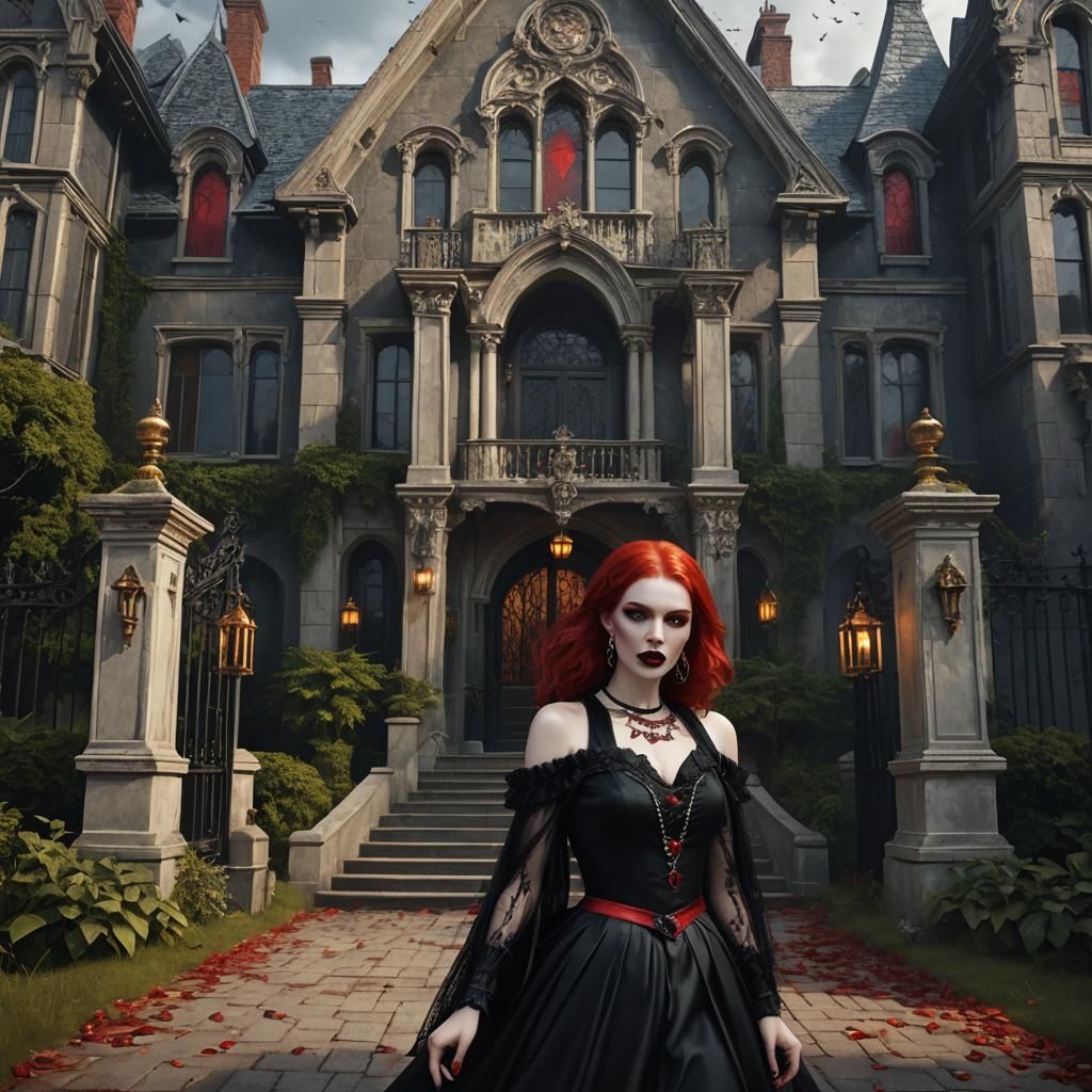 Gothic Vampire Girl Exiting Mansion