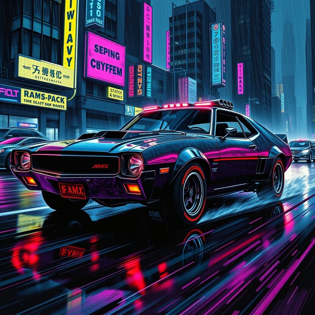 Cyberpunk AMC AMX Races Through Neon Cityscape