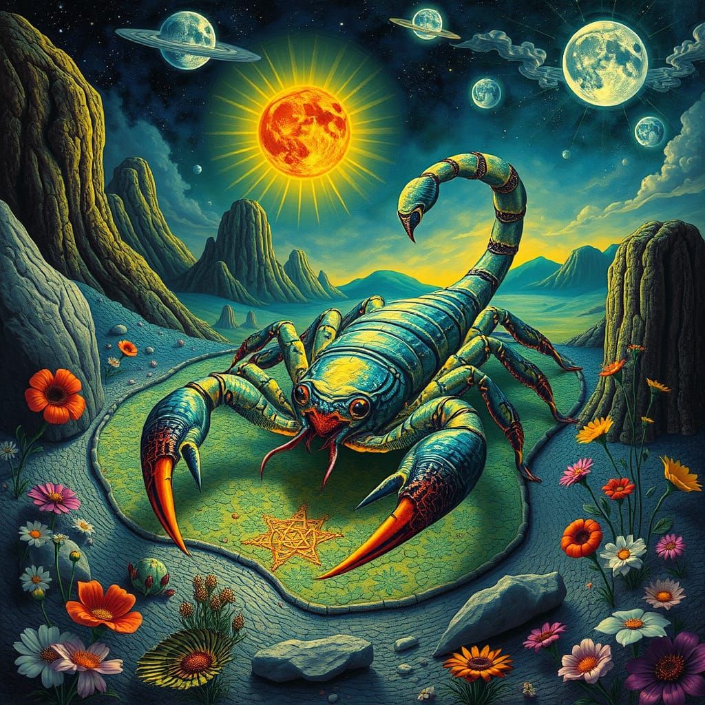 Psychedelic Scorpion in Surreal Desert, Bosch Style