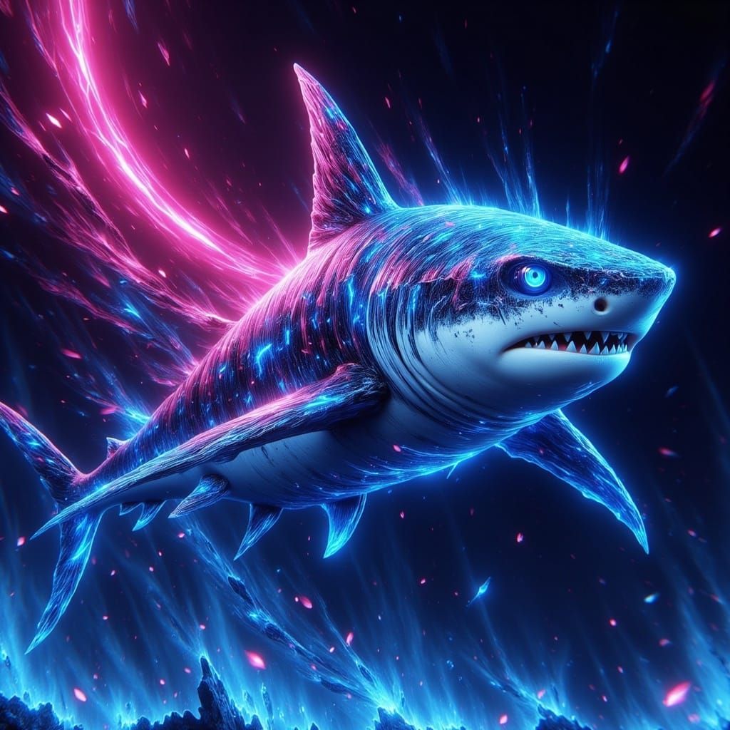 Vibrant Pink and Blue Mako Shark Graphic Illustration