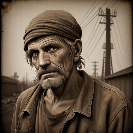 Photorealistic Portrait of Homeless Man in Sepia Tone