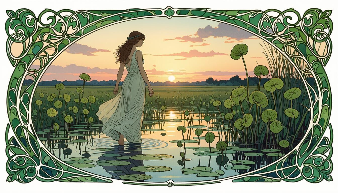 Art Nouveau Woman in Marsh with Carnivorous Plants