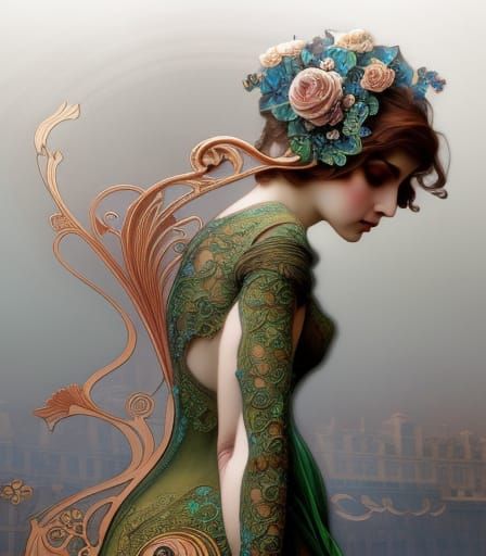 Art Nouveau Girl in Ornate Interior