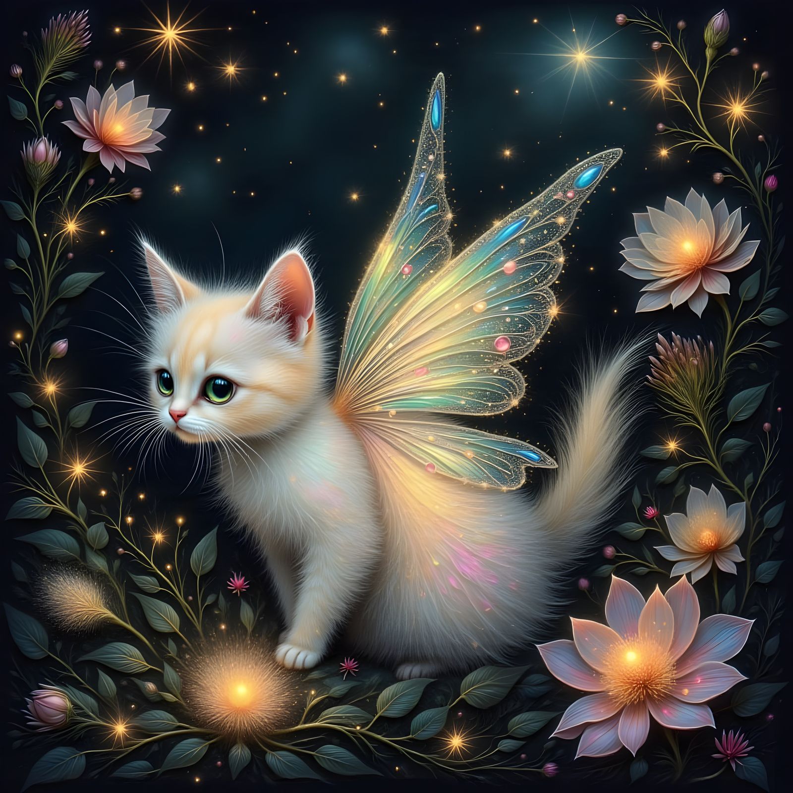 Tiny Fairy Cat With Wings Hovering Over Flower in Sketch Sty...