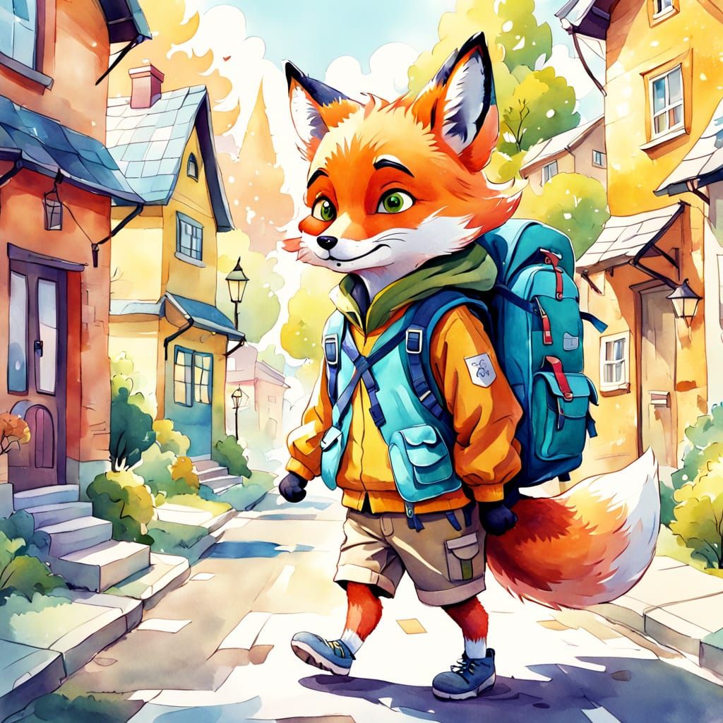 Cute Fox Character in Clothes Walks Down Street