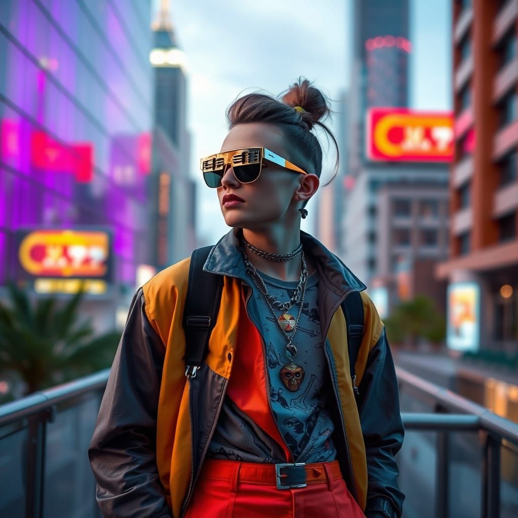 Trendy Person in Futuristic Cityscape Art