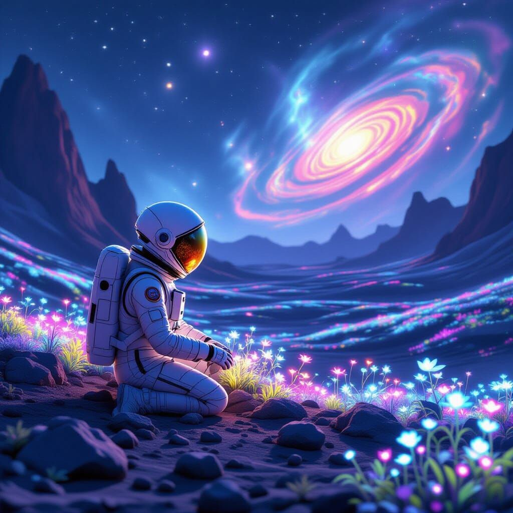 Astronaut Tends Alien Bioluminescent Garden Under Nebula Sky