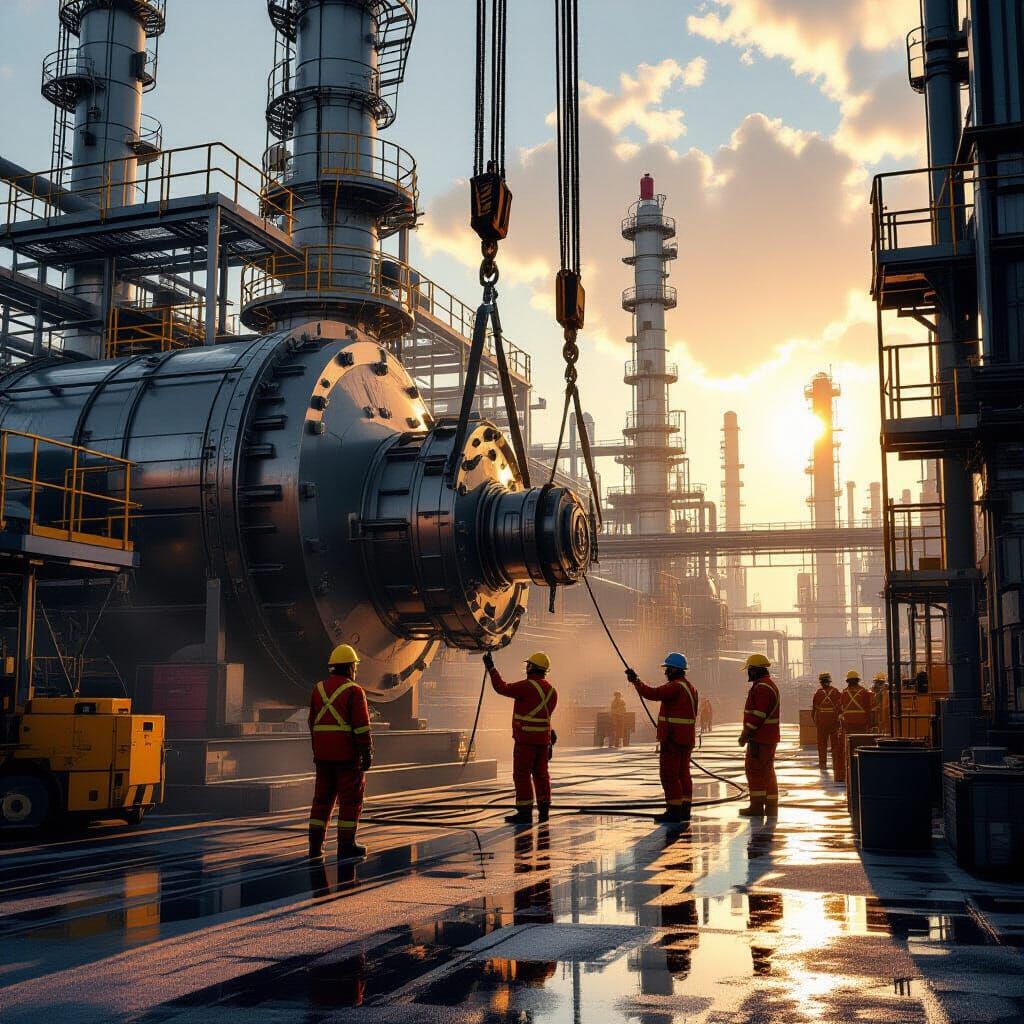 Industrial Workers Rigging Heat Exchanger in Late Afternoon ...