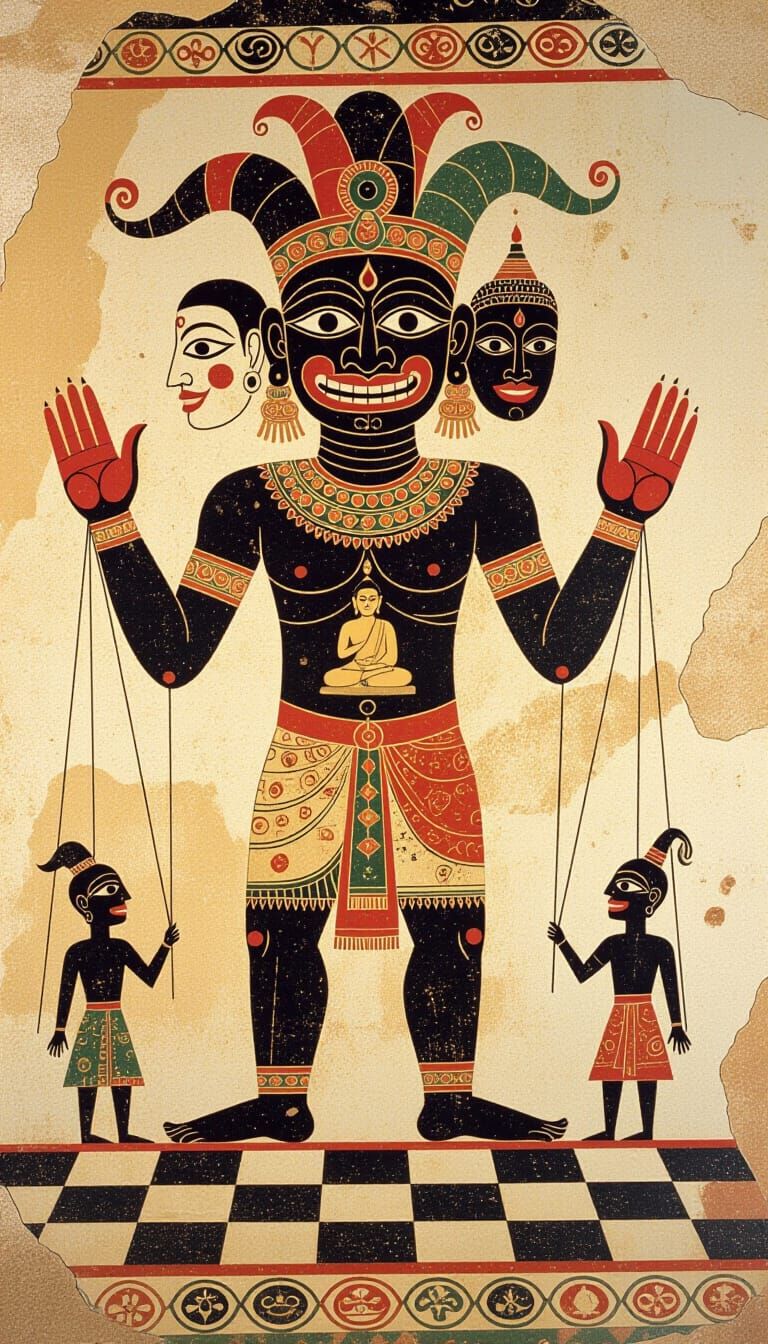 Ancient Cave Painting of Multi-Faced Shaman with Masks and F...